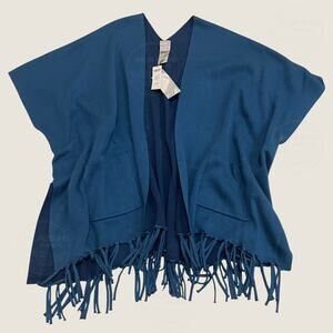 Chico’s Reversible Blue Fringe Wrap Sweater | S/M Cozy Fall Layer Poncho NWT